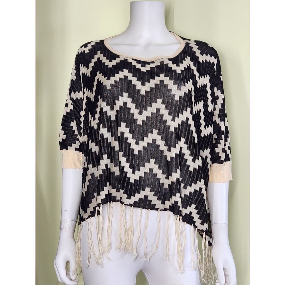 Kerisma Fringe Poncho Womens One Size Black Chevron Oversized Sheer Coverup Boho